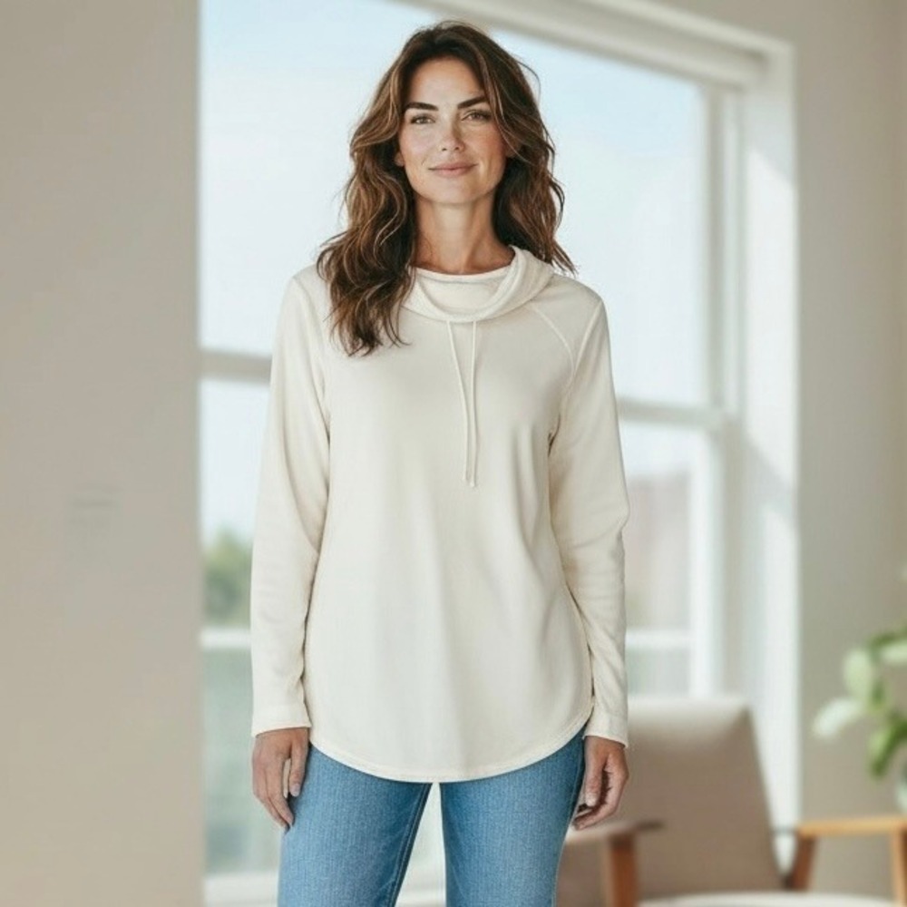 Bass Womens Ivory Fleece Cowl Neck Long Sleeve Pullover Top Size‎ L